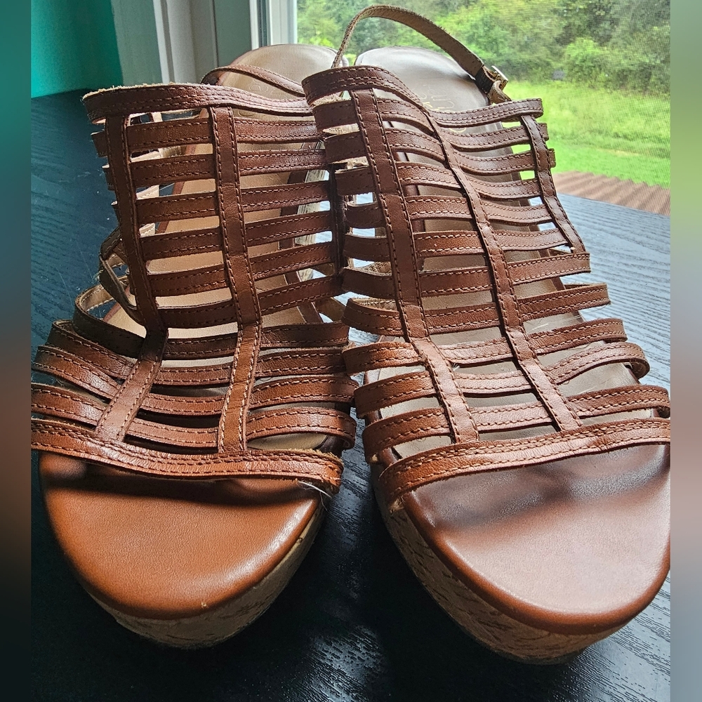 Franco Sarto Tan Strappy Cork Wedge Sandals Women's Size 7.5